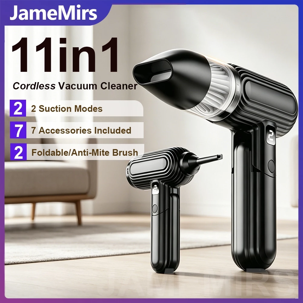JameMirs เครื่องดูดฝุ่นไร้สาย 11in1 99999Pa ดูดฝุ่นในรถ LED พับได้