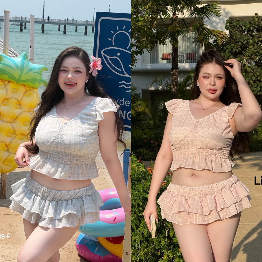 /LD/ ทูพีซสาวอวบ มีไซส์อก38-52 เสื้อครอปตุ๊กตาสม็อคเข้ารูป+กางเกงจั๊มขาแต่งระบาย เอวสม็อค น่ารัก แกลม คิ้วทึสุดๆ