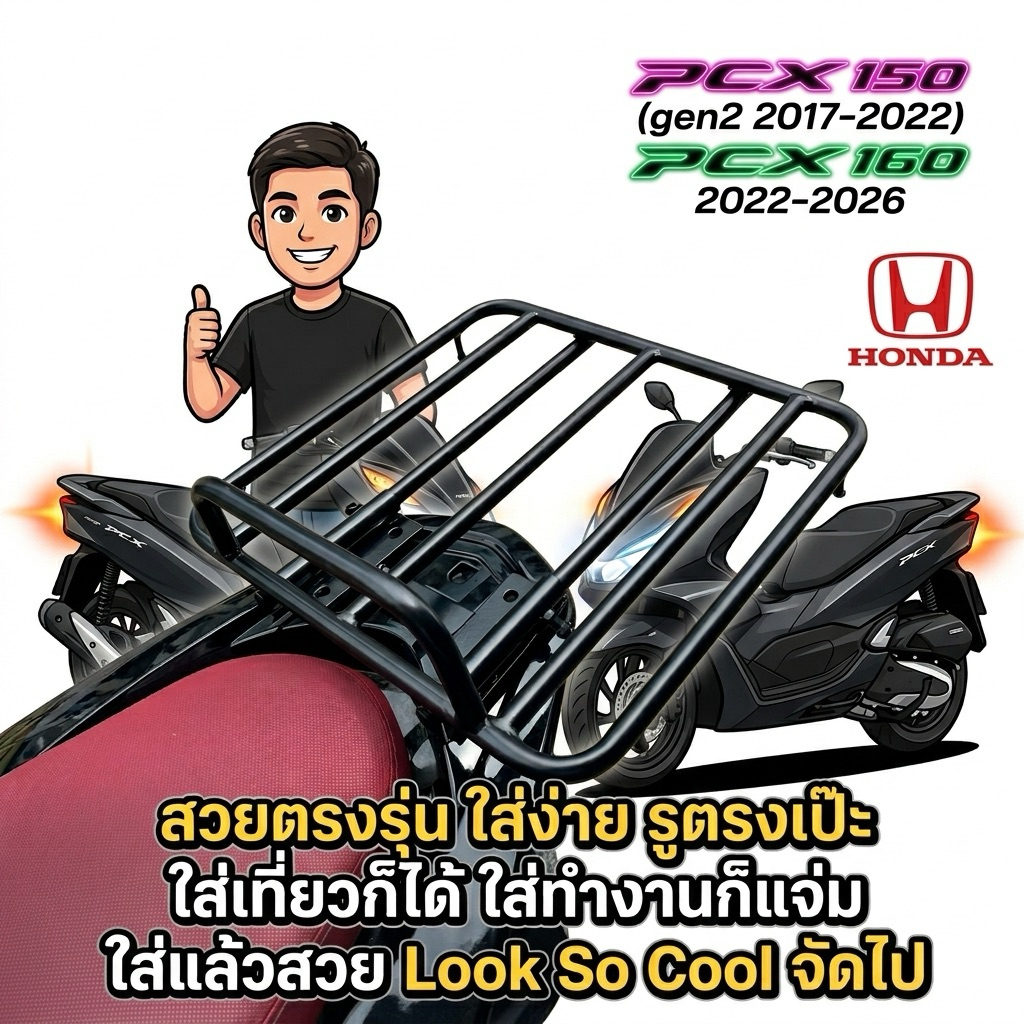 ตะแกรง rack สไลด์ ตรงรุ่น Honda PCX 150/PCX 160 ปี 2017-2024  สไลด์คตรงรุ่นมีจับหลัง ขนาดใหญ่ 40cm