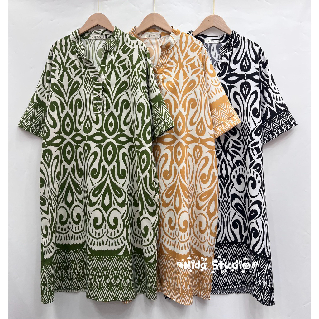 เดรสคอจีนแขนสั้น ผ้าไหมอิตาลี มีกระเป๋าข้าง ลายไทย ใส่สบาย ไซส์ใหญ่