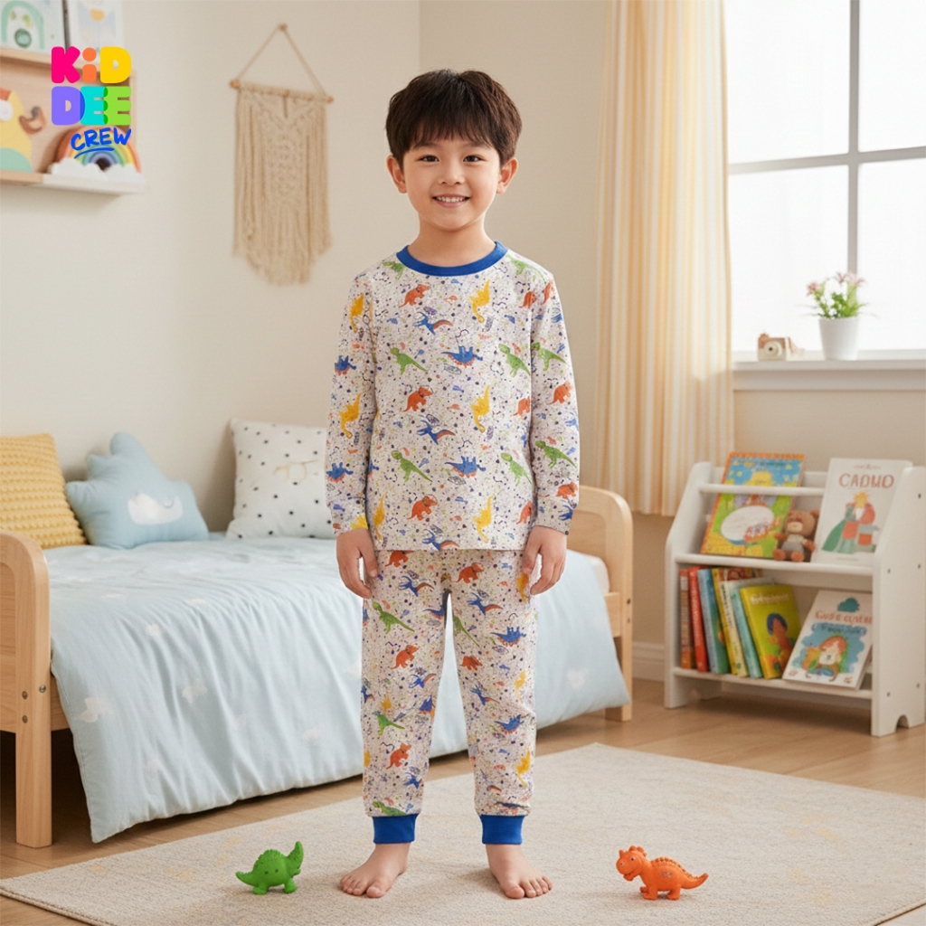 KiddeeCrew ชุดนอนเด็ก สีเทาไดโนเสาร์ฟ้า ผ้าcotton 100% เหมาะสำหรับอายุ 1-12 ปี
