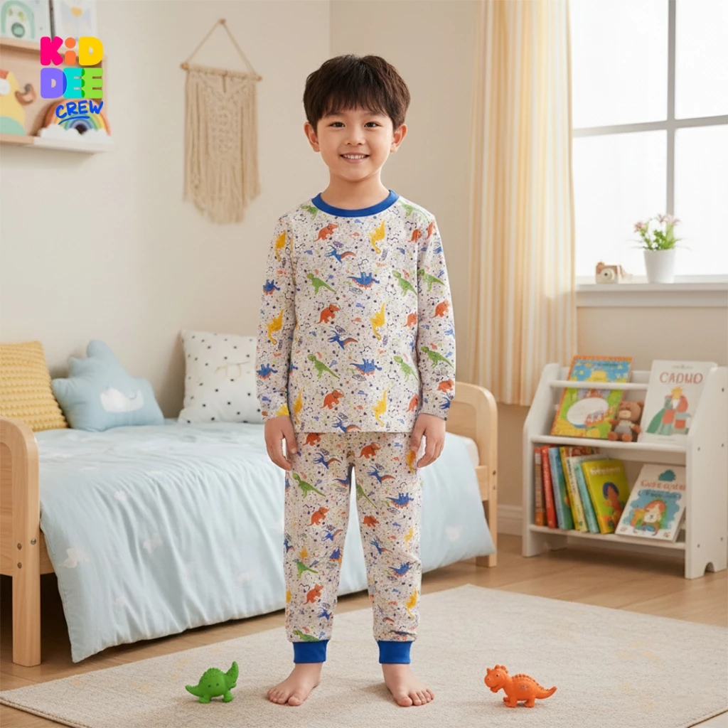KiddeeCrew ชุดนอนเด็ก สีเทาไดโนเสาร์ฟ้า ผ้าcotton 100% เหมาะสำหรับอายุ 1-12 ปี