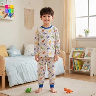 KiddeeCrew ชุดนอนเด็ก สีเทาไดโนเสาร์ฟ้า ผ้าcotton 100% เหมาะสำหรับอายุ 1-12 ปี