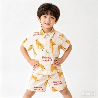 MC034 ชุดเซ็ต เสื้อเชิ้ตแขนสั้น + กางเกงขาสั้น พิมพ์ลายเสื้อ แฟชั่นฤดูร้อน สําหรับเด็กผู้ชาย Songkran