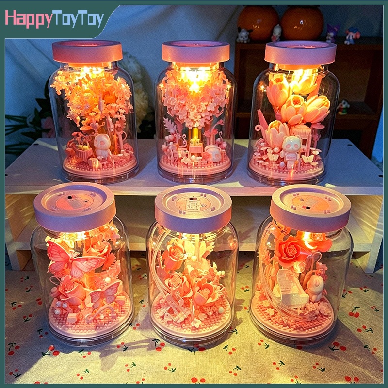 พร้อมส่ง ตัวต่อดอกไม้ มีไฟ พร้อมขวด ดอกทิวลิป ผีเสื้อ ของขวัญวันเกิด