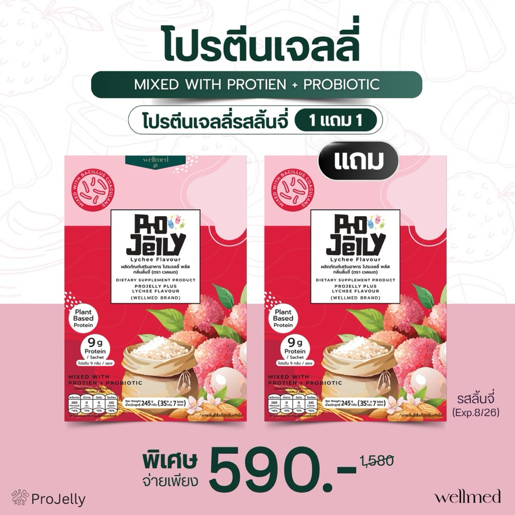 ใหม่‼️ โปรตีนเจลลี่ Projelly ( 1 กล่องแถม 1 ) โปรตีนพืช อร่อย ไม่มีน้ำตาล ช่วยระบบย่อย - Wellmed