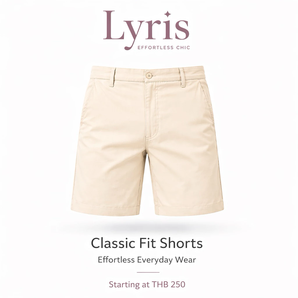 Lyris กางเกงขาสั้นวินเทจผู้ชาย สีครีม Cream Classic Fit (14 นิ้ว) เนื้อผ้าทรงเข้ารูป ใส่สบาย ไม่รัดเป้า ใส่ได้ทุกวัน