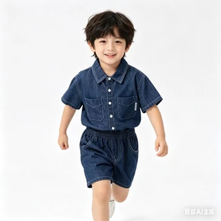 BB248 ชุดเซ็ตเด็กผู้ชาย เสื้อเชิ้ตยีนส์แขนสั้น+กางเกงขาสั้น ลุคเท่ ใส่สบาย