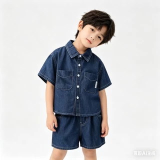 BB248 ชุดเซ็ตเด็กผู้ชาย เสื้อเชิ้ตยีนส์แขนสั้น+กางเกงขาสั้น ลุคเท่ ใส่สบาย