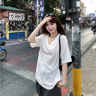 Hotpink ส่งจาก Bangkok🔥เสื้อยืดแขนสั้นคอวีผ้าฝ้ายผสมไผ่ไซส์ใหญ่ ทรงหลวมใส่สบาย เหมาะสำหรับฤดูร้อน ช่วยให้ดูผอมเพรียว ใช้