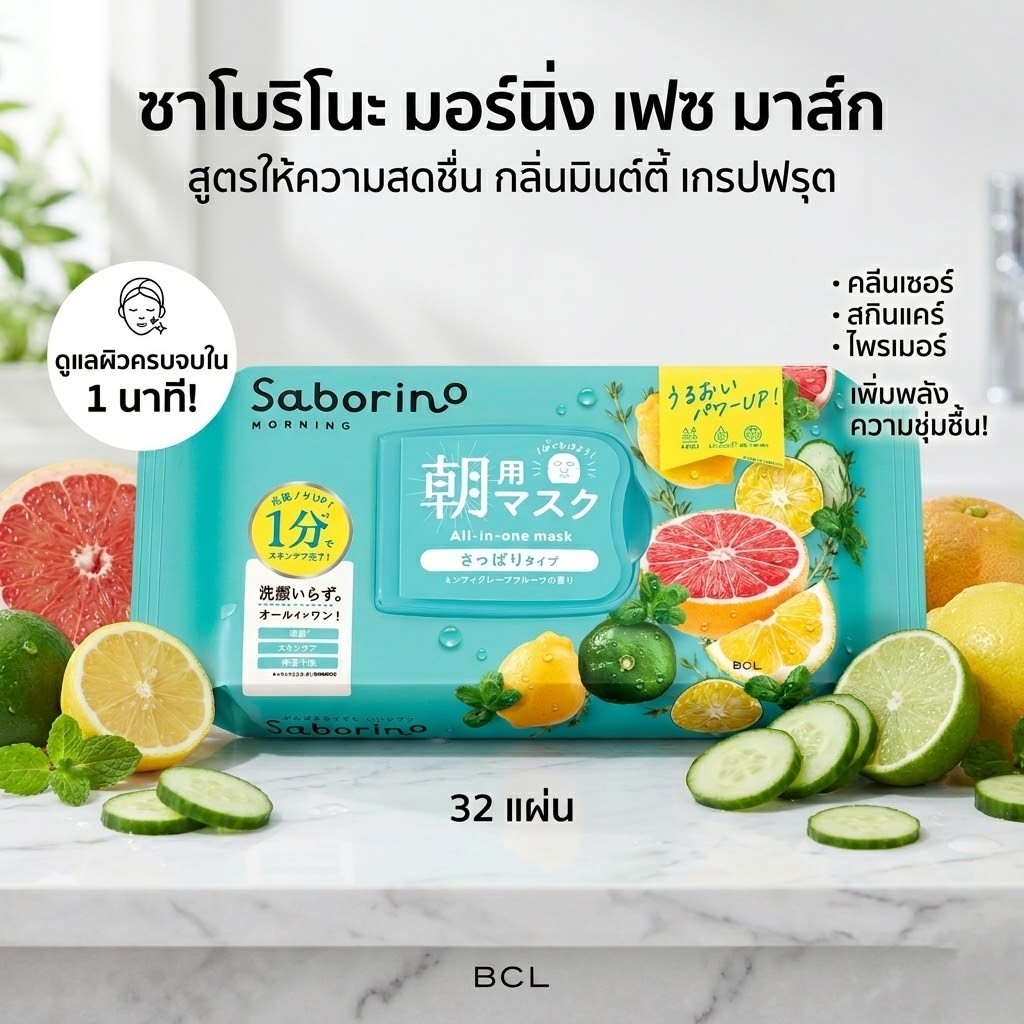 [Japan] Saborino Morning Face Mask Refreshing Fruit Type N - มาส์กหน้า 60 วินาที สูตรผลไม้ 3-in-1 (32 แผ่น) กลิ่น Minty Grapefruit ☀️✨
