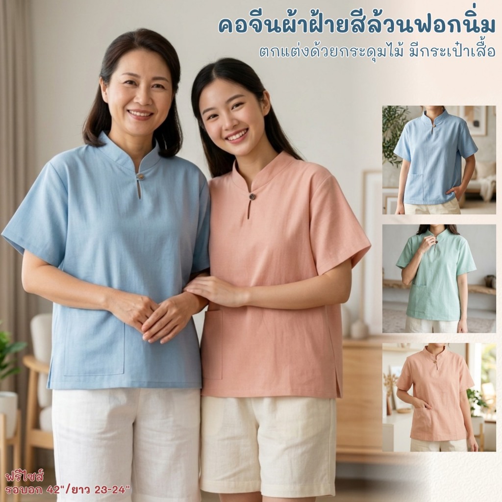 เสื้อคอจีนหญิงผ้าฝ้ายฟอกนุ่มสีพื้น เสื้อคอจีนแต่งกระดุมไม้มีกระเป๋าเสื้อ
