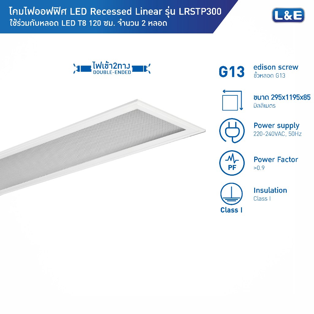 L&E โคมไฟฝังฝ้าหน้า Prismatic สำหรับหลอด LED T8 2 หลอด ขนาด 30x120cm รุ่น LRSTP300  (ใช้กับหลอดไฟเข้