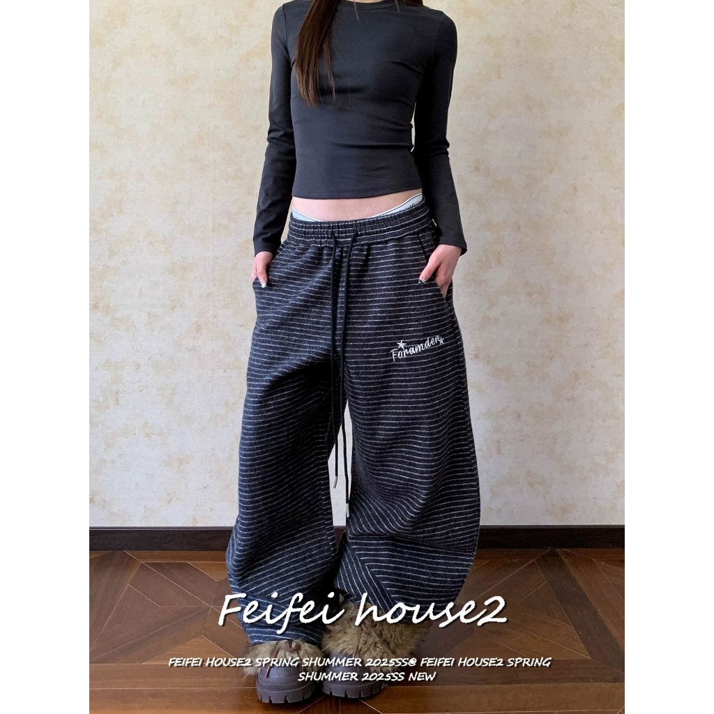[Letter Embroidered Striped Pants]กางเกงกีฬาหญิงฤดูร้อนสไตล์วินเทจลายทางปักตัวอักษรขากว้างสบาย