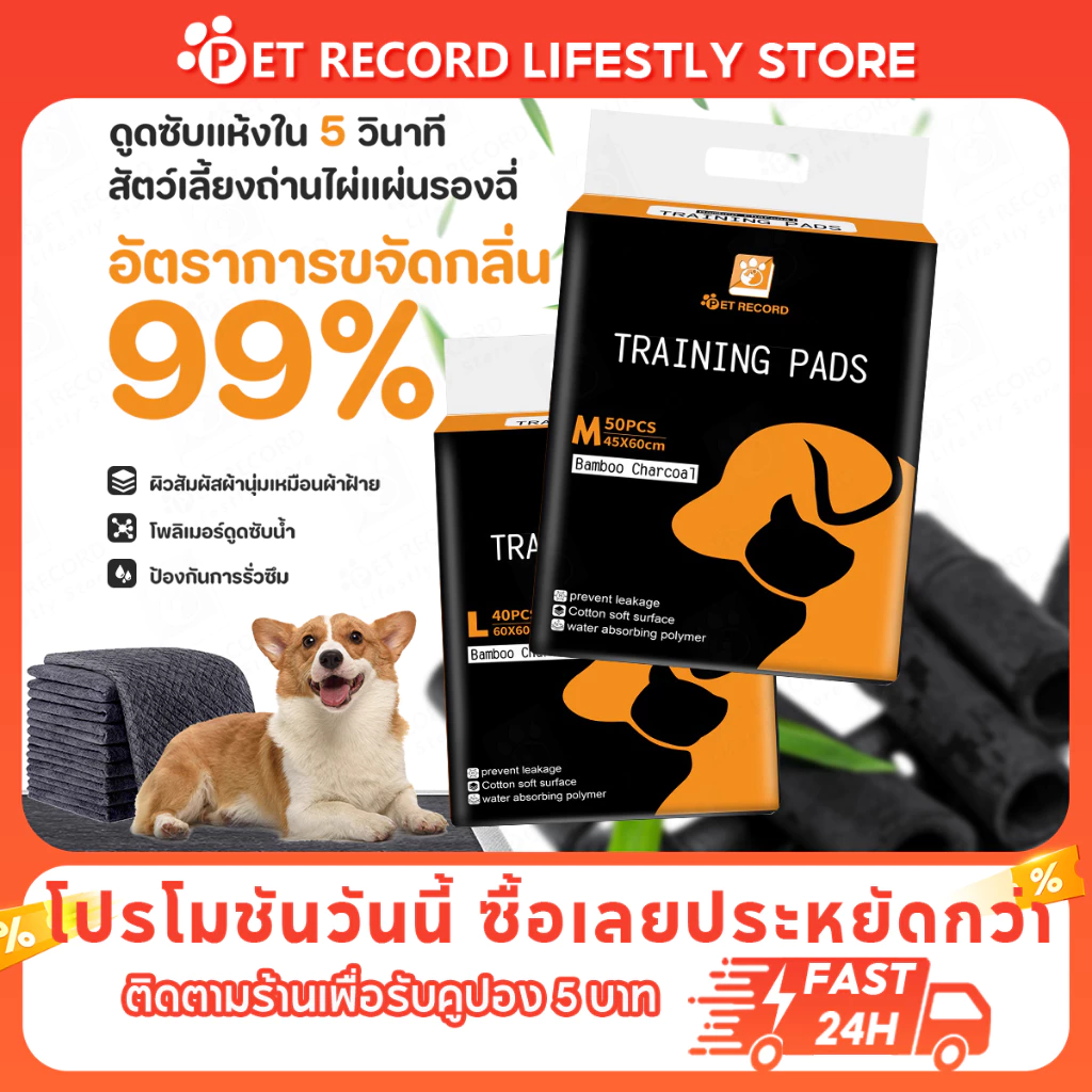 🔥 Pet Record แผ่นรองฉี่ถ่านไม้ไผ่ ซึมซับไว 5ชั้น ดับกลิ่น99% แห้งสบาย ไม่รั่วซึม แผ่นรองฉี่สุนัข 🐾