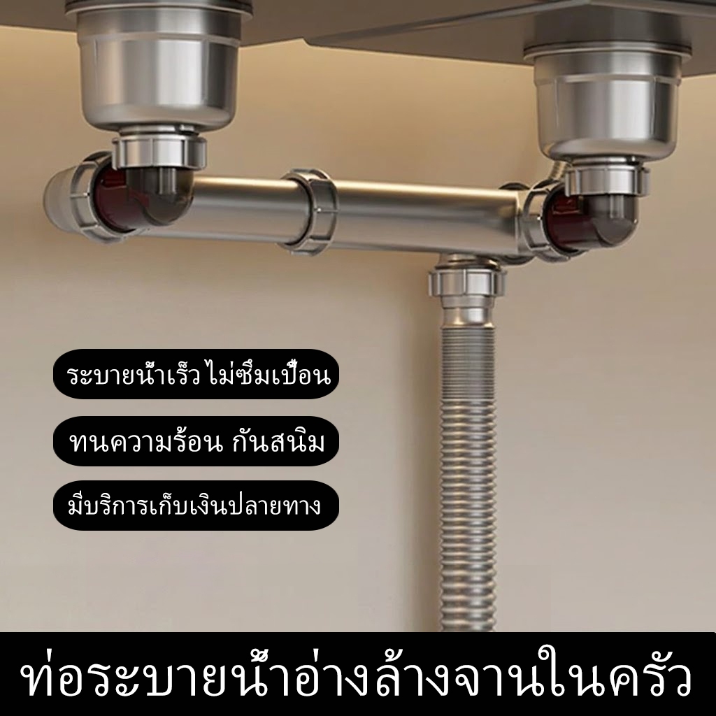 อุปกรณ์ข้อต่อท่อน้ำทิ้งอ่างล้างจาน — ชุดระบบระบายน้ำป้องกันกลิ่น สำหรับอ่างล้างจานแบบ 2 หลุม (ชุดครบชุด)