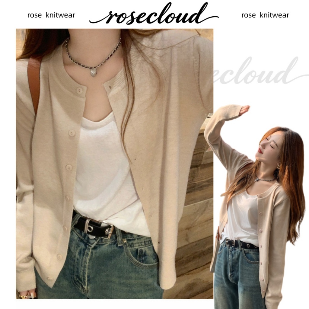 🌟rosecloud🌟สีลูกกวาดเสื้อคาร์ดิแกนถักเนื้อบาง สไตล์เกาหลี เสื้อถักทรงหลวมที่ช่วยให้ดูผอมเพรียว