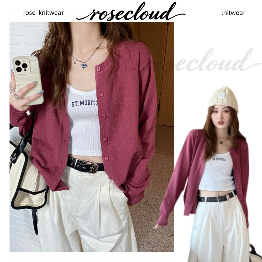 🌟rosecloud🌟เสื้อคาร์ดิแกนถักเนื้อบาง สไตล์เกาหลี เสื้อถักทรงหลวมที่ช่วยให้ดูผอมเพรียวคุณภาพสูง