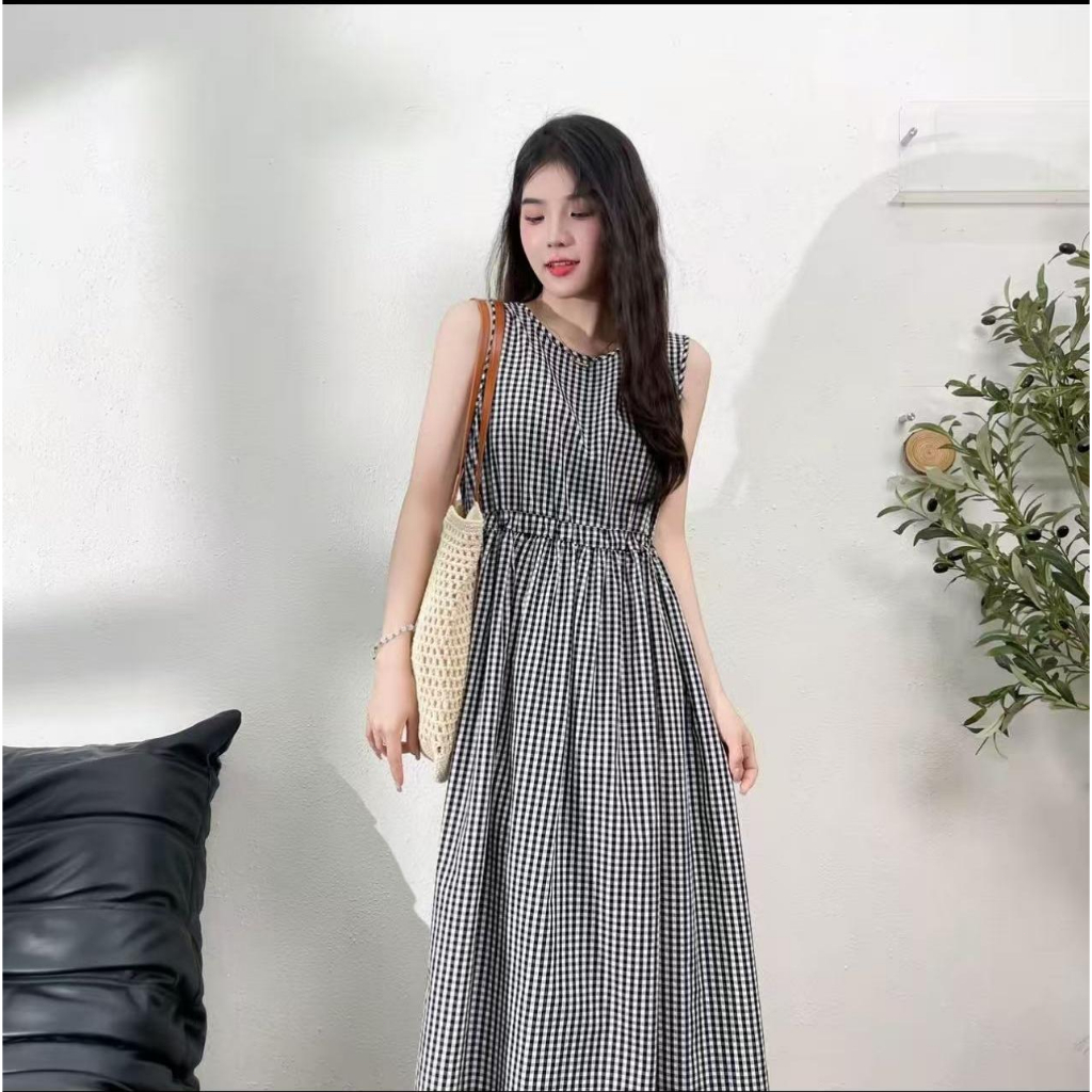 ส่งพร้อมส่ง เดรสเสื้อกล้ามลายตาราง สไตล์วินเทจ ทรงหลวมขนาดใหญ่ รัดเอวทรงผอม ใส่สบาย เหมาะสำหรับสาวทุกขนาด