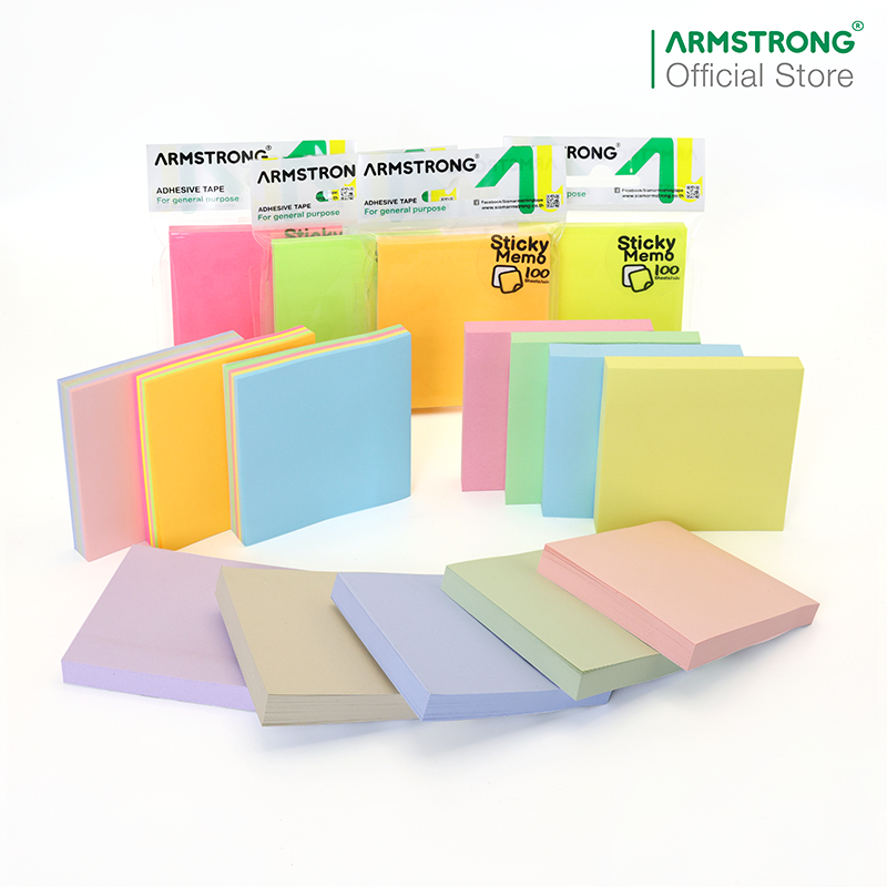Armstrong กระดาษโน๊ตมีกาวในตัว กระดาษโน๊ต/โพทต์อิทส์สีพื้น สีพาสเทล สีสะท้อนแสง ขนาด 3x3 นิ้ว จำนวน 100 แผ่น/แพ็ค