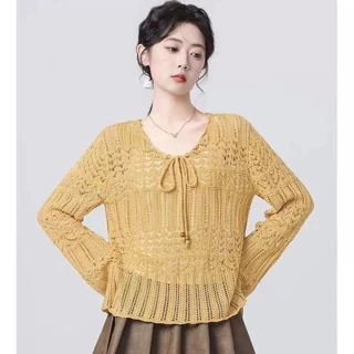 เสื้อคาร์ดิแกนถักแขนยาวสำหรับผู้หญิง สไตล์เกาหลี เนื้อผ้าบาง สไตล์ฤดูร้อนใหม่ ดีไซน์โปร่ง ทรงหลวม