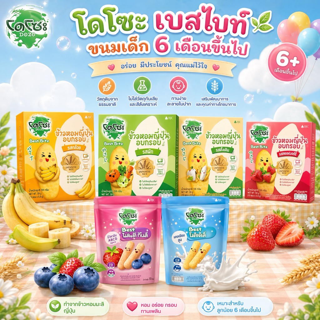 Dozo โดโซะ เบสไบท์ ขนมข้าวหอมญี่ปุ่นอบกรอบสำหรับเด็ก 6 m+ ขนาด 50 กรัม 1 กล่อง