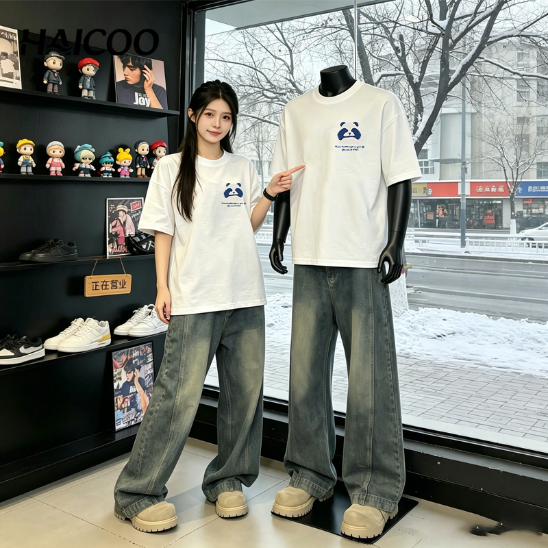 HAICOO เสื้อยืดยูนิเซ็กส์ เนื้อผ้านุ่มลื่น ทรงหลวม Oversize ผ้าคอตตอนแท้ ใส่ได้ทั้งชายหญิง ส่งด่วน