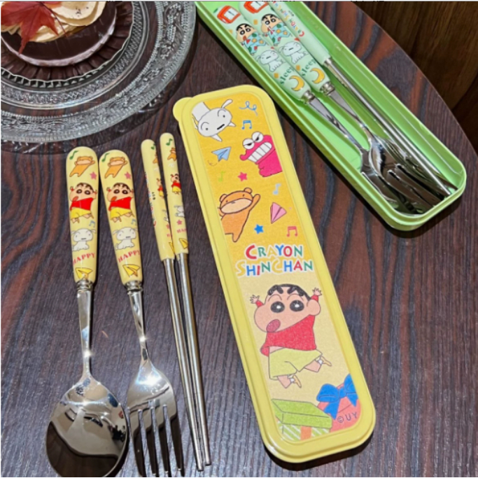Crayon Shinchan Cute Tableware Set 3 Pieces Portable Spoon Fork Chopsticks Set For Student Daily Household Use