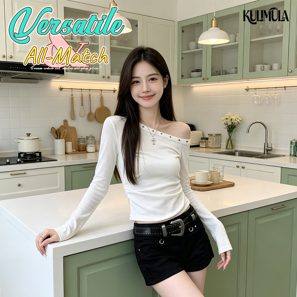 KULIMULA long sleeve t-shirt เสื้อยาวแขนยาวคอเบี้ยวมีหมุดที่คอ สีขาว ทรงกระชับสไตล์เกาหลีใส่สบาย ED6