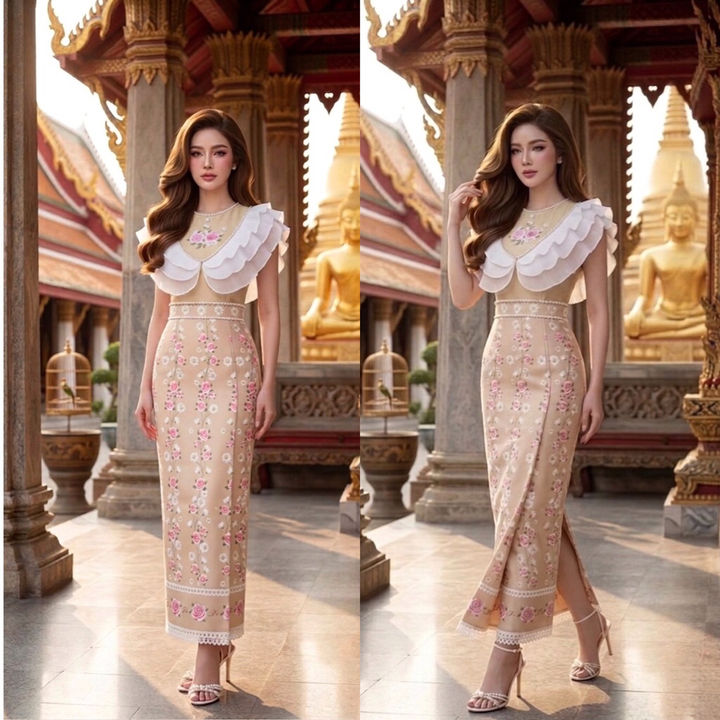 (M-4XL)ชุดไทยประยุกต์ลายดอกสีสวยละมุน คอกลม อกแต่งระบายชั้นๆ ทรงป้ายหน้าผ่าหลัง ชายแต่งขอบลูกไม้ สวยมาก ใส่ออกงาน งานบุญ