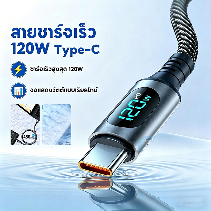 สายชาร์จ 1m/2m สายชาจแบตเร็ว 120W/6A สายชาร์จUSB Type C รองรับLED สายชาร์จเร็ว สายยาว1เมตร2เมตร