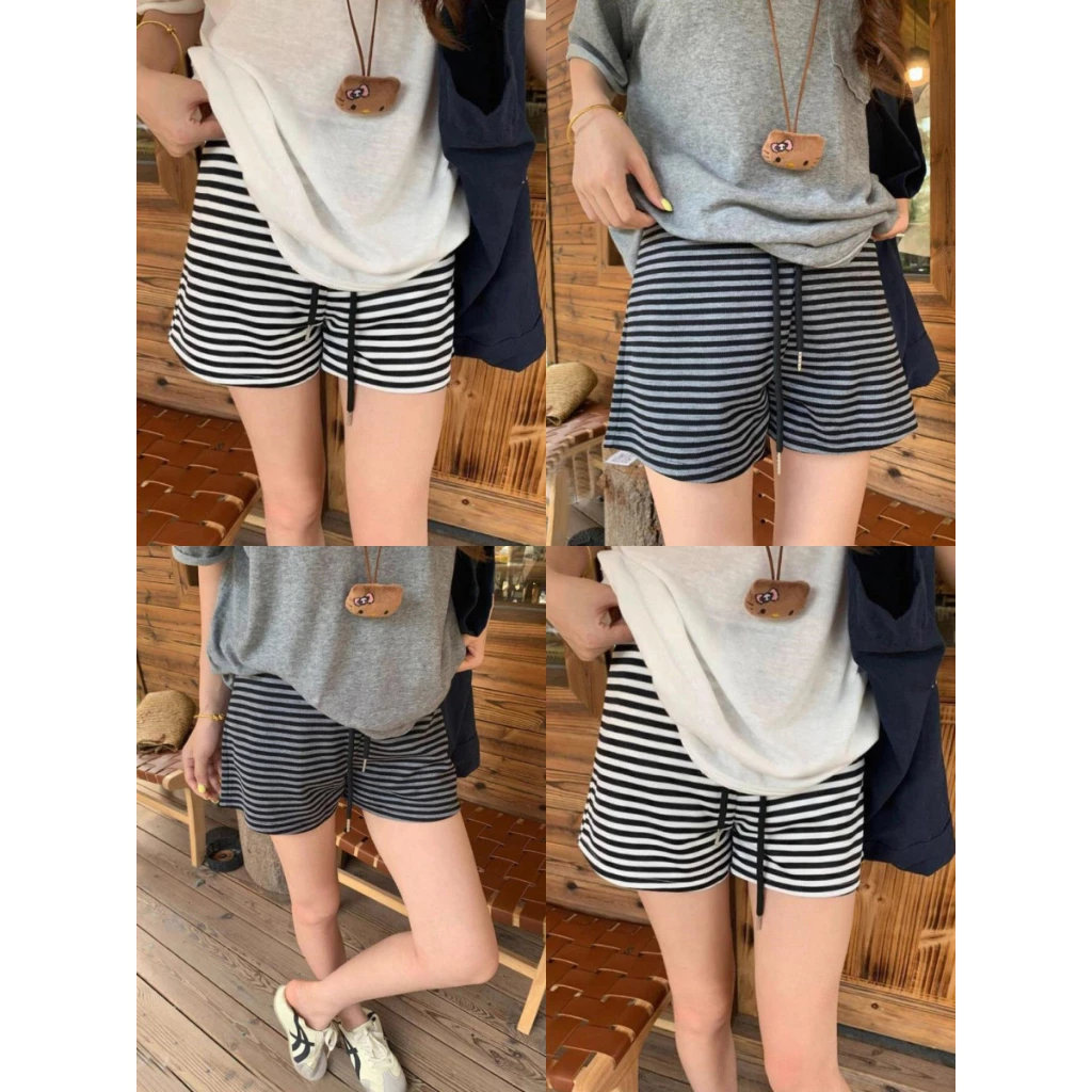 กางเกงขาสั้นลายทาง กางเกงขาสั้นลำลอง เอวยืดได้ ใส่สบาย ดุผอม แมทช์ง่ายมาก มินิมอล #111360
