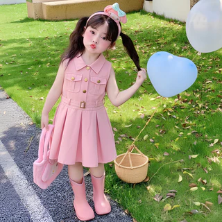 PRINCESS KESLI ชุดเดรสเด็กไม่มีแขน สีชมพู ชุดเด็กผู้หญิง ชุดเด็กเกาหลี เสื้อผ้าเด็ก 2-9ปี