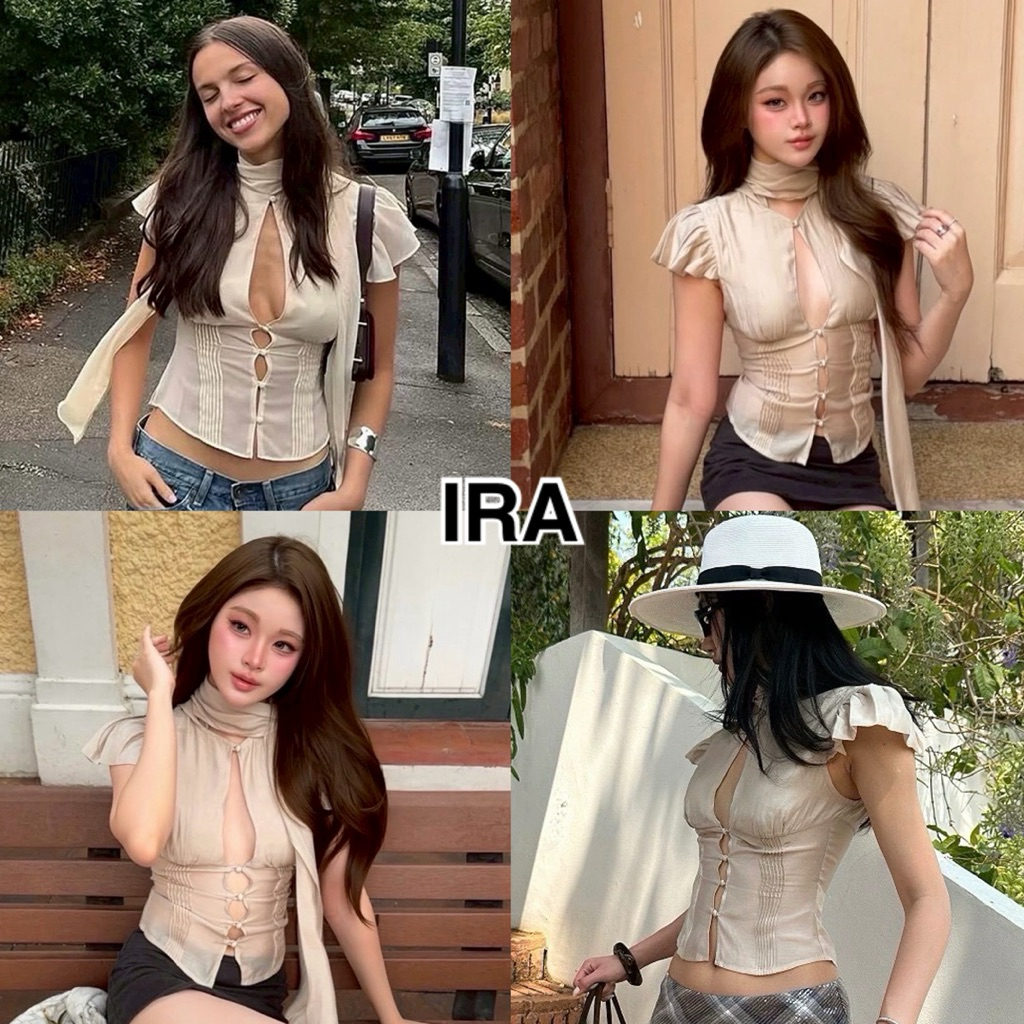 BY IRA (2026-127)Linda Top ฝรั่งเศสย้อนยุค ฮัลเตอร์เข้ารูป ผอมเพรียว ลุคสาวร้อน