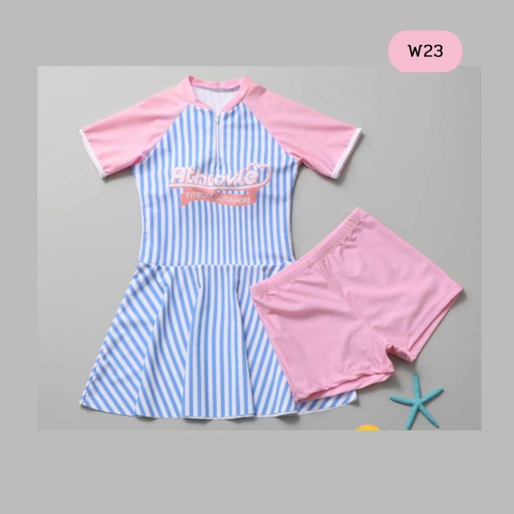 W23 ชุดว่ายน้ำเด็กหญิงเซท 2 ชิ้น (เดรส + กางเกงขาสั้น)