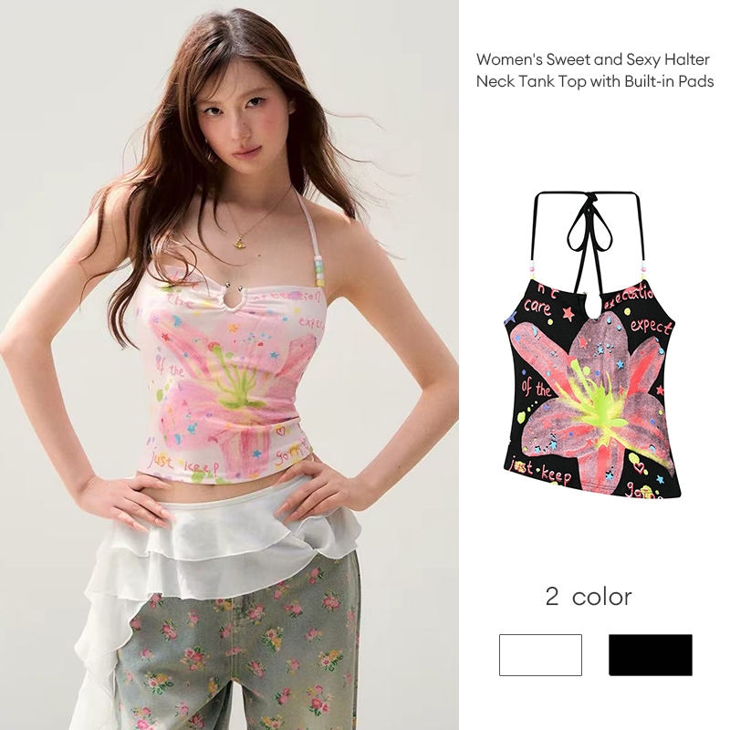 เสื้อกล้ามผู้หญิงทรงเข้ารูป คอคล้องคอ เซ็กซี่ น่ารัก พิมพ์ลายดอกไม้ ประดับลูกปัด มีฟองน้ำเสริมทรง JD