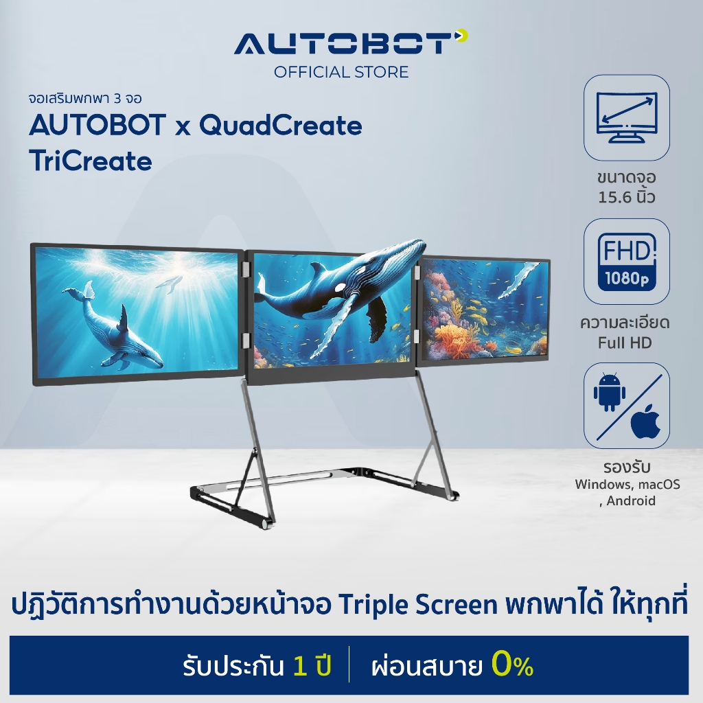 AUTOBOT x QuadCreate จอเสริมพกพา 3 จอ (Triple Screen) 15.6" Full HD 1080P For Laptop/Macbook ต่อสายเดียวใช้ได้เลยพร้อมขา