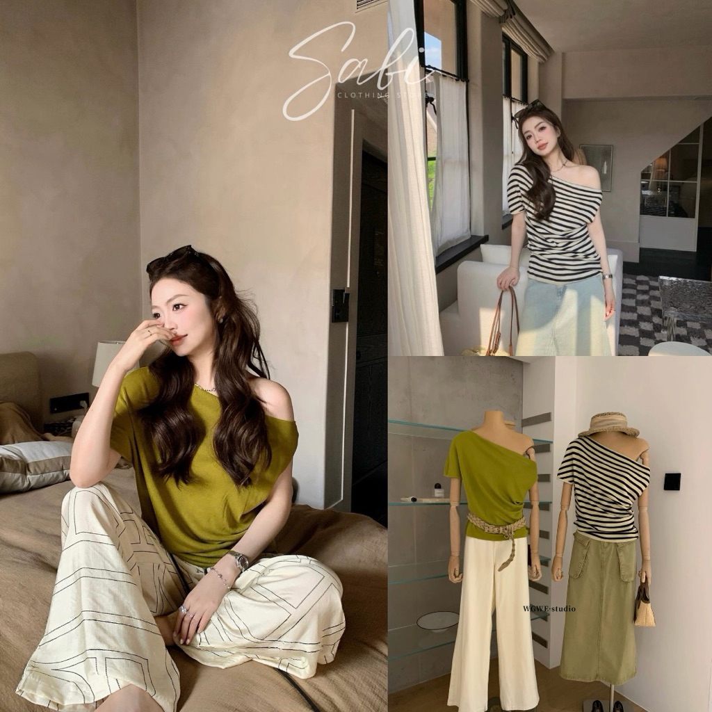 พร้อมส่ง 𝐛𝐲𝐒𝐀𝐁𝐈𝐒𝐇𝐎𝐏 | เสื้ิอไหมพรมปาดไหล่ เสื้อปาดไหล่ผ้านิ่ม wg.we มีส่งด่วน