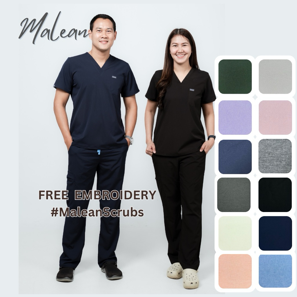 Malean Scrubs ชุดสครับ เสื้อพร้อมกางเกง (ปักชื่อฟรี)ดีไซน์ USA  ผ้า Flexy spandex บางเบา เสื้อคอวี