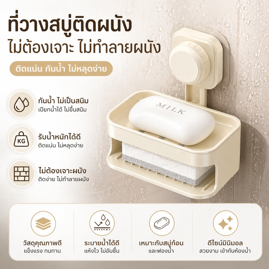 กล่องสบู่, แขวนผนัง, ไม่ต้องเจาะรู, ฝาปิด, สะเด็ดน้ำ, การจัดเก็บ, พกพาง่าย, สร้างสรรค์, ห้องน้ำ