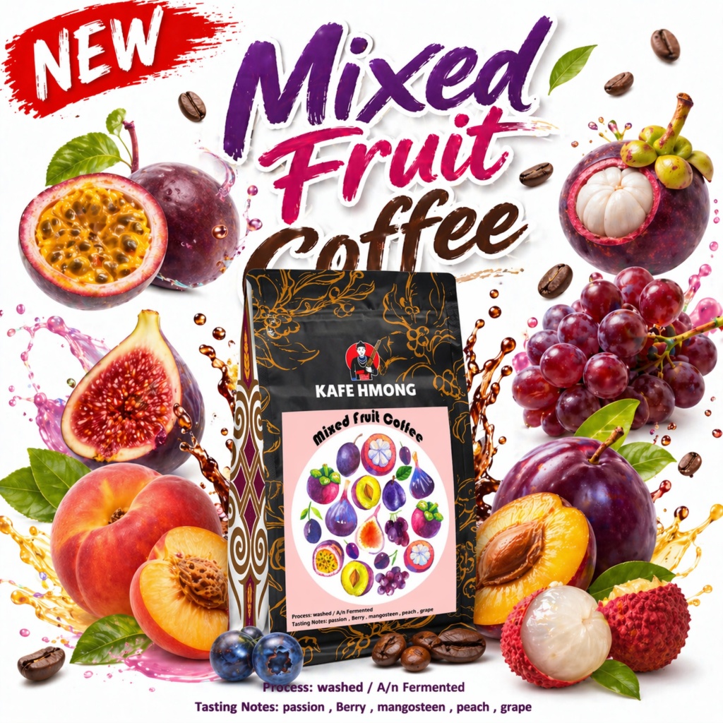 Mixed Fruit Coffee เมล็ดกาแฟคั่้วกลิ่นหอมผลไม้สุกมาเต็มตระกร้า  หวานอมเปรี้ยว สดชื่นด้วยผลไม้รวม