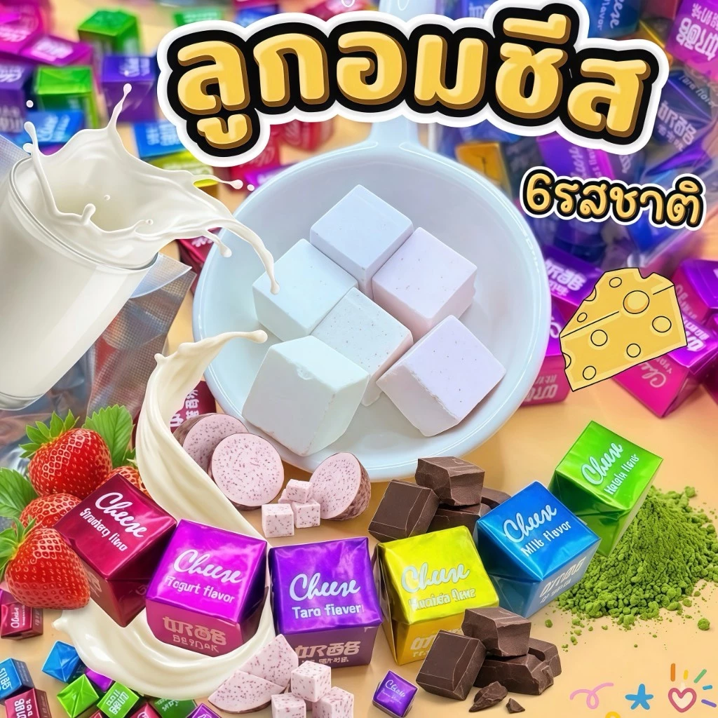 ขนมชีสนมแข็งทรงก้อน รสโยเกิร์ต ช็อกโกแลต นมสด สตรอว์เบอร์รี เผือกและมัทฉะ เคี้ยวมันทุกชิ้น