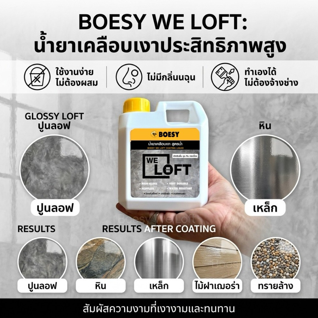 BOESY WE LOFT น้ำยาเคลือบเงาปูน ลอฟท์ ปูนขัดมัน ไม้เฌอร่า หิน ไม้ เหล็ก และทุกพื้นผิวเพิ่มความเงางาม ขนาด 2 ลิตร