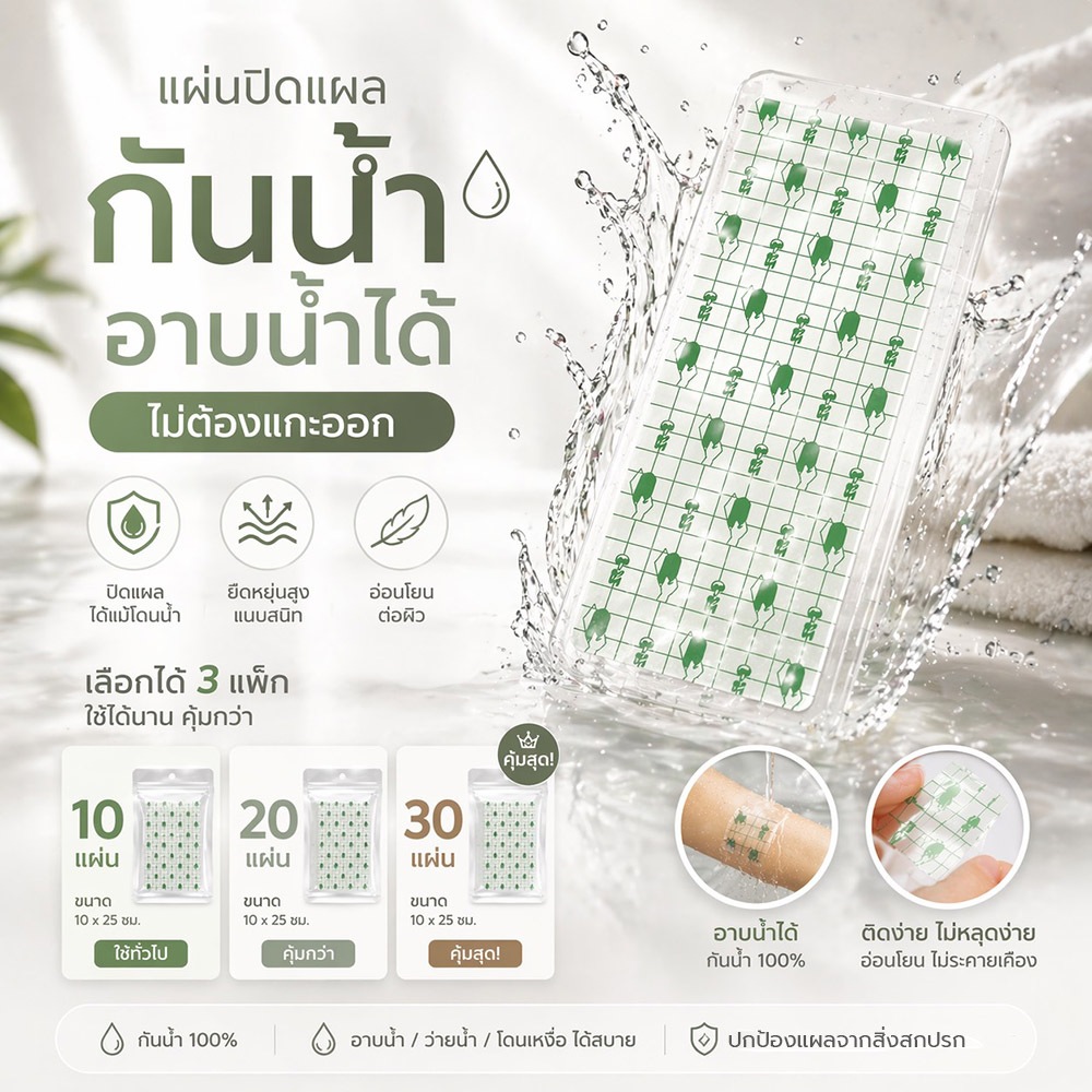 แผ่นปิดแผลกันน้ำ PU ขนาด 10x25 ซม. แบบใส ยืดหยุ่น ติดแน่น กันน้ำ อาบน้ำได้ ใช้งานสะดวก แพ็ก 10/20/30 แผ่น
