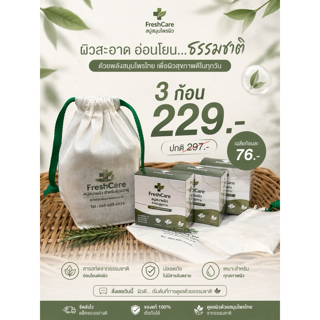 สบู่สำหรับผูู้สูงอายุ ลดกลิ่น สะอาด สูตรอ่อนโยน ปลอดภัย สั่ง 3 ก้อนแจกฟรีถุงผ้า