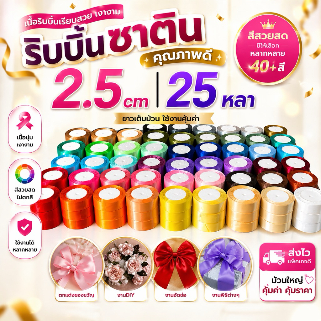 ₊˚🎀ริบบิ้น𝚁𝚒𝚋𝚋𝚘𝚗꒱꒱ริบบิ้นผ้าซาตินด้านเดียว หน้ากว้าง 2.5 ซม. ความยาว 25 หลา/ม้วน
