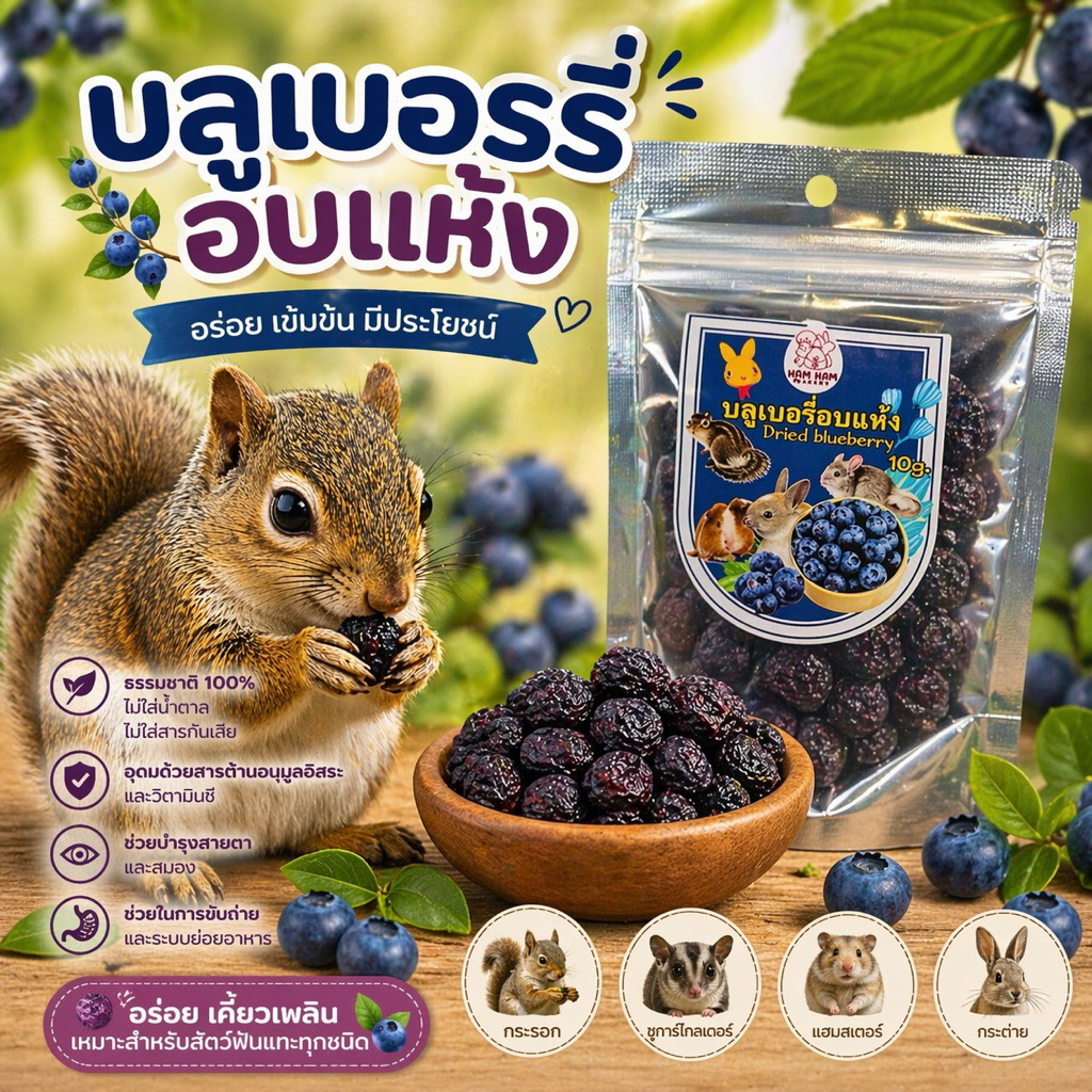 บลูเบอรี่อบแห้ง สำหรับกระรอก ชูการ์ไกลเดอร์ และสัตว์กินพืชทุกชนิด