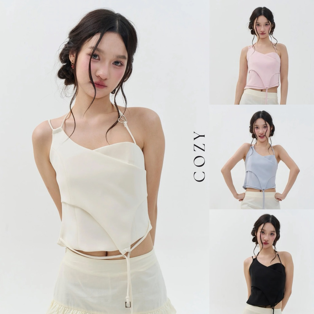 COZY TOP (เฉพาะเสื้อ) ตัวเสื้อออกแบบเป็นชั้นเลเยอร์ด้านหน้า ตัดเว้าโค้งไล่ระดับ และดีเทลสายคล้องไหล่ปรับระดับได้