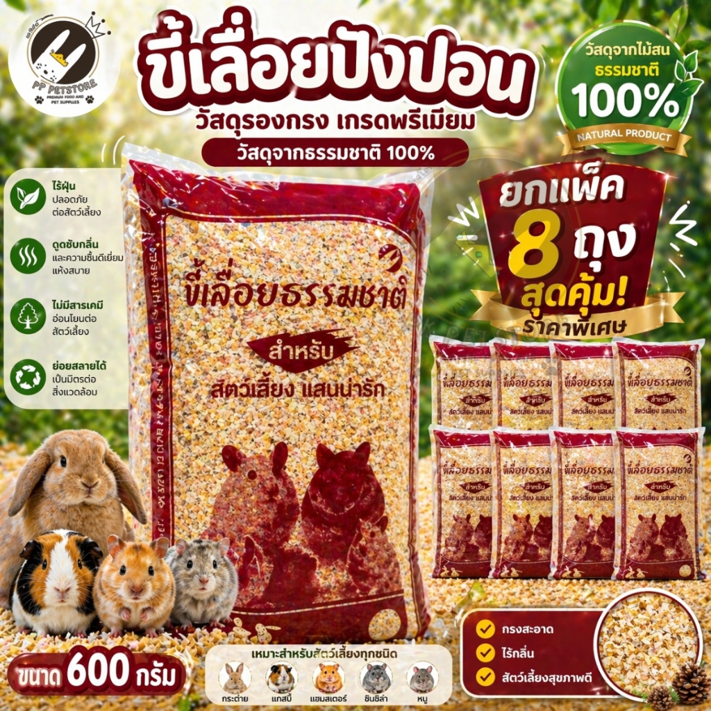 ขี้เลื่อยรองกรง/รองนอนสำหรับสัตว์เลี้ยง(ขี้เลื่อยปังปอนด์)ขนาดถุงละ 600กรัม มีให้เลือก2แบบ