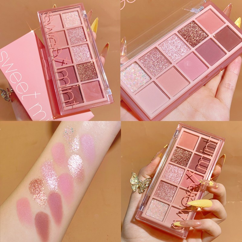 Sweetmint พาเลตต์อายแชโดว์ อายแชโดว์ 10 สี ชมพูประกายวิบวับ eyeshadow  กันน้ำ ติดทนนาน ทาเนียนเรียบสม่ำเสมอ